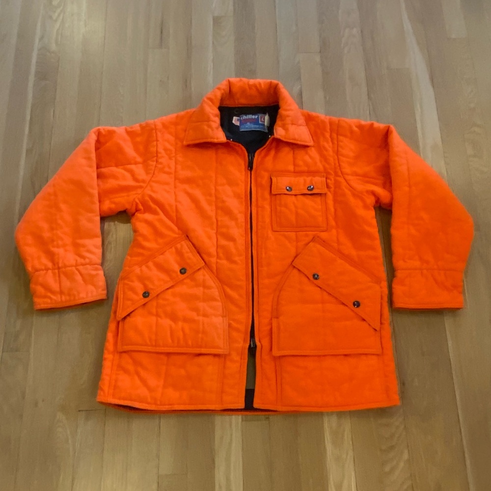 Chiller Killer Vintage Orange Quilted Jacket with Exterior Pockets / Mens Size L